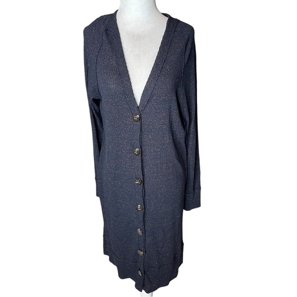 Free People We The Free Sparkly Navy Blue Button Down Cardigan Size Medium - Picture 2 of 11